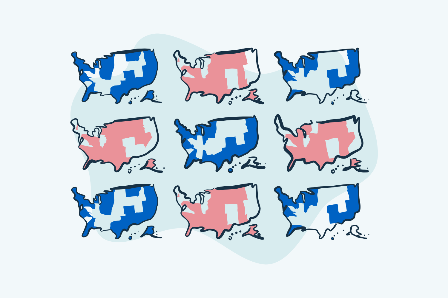 A blue-red visualization of election results on many different US maps