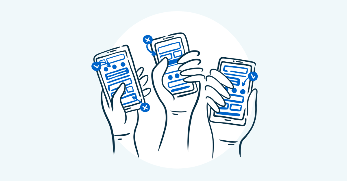 illustration of hands holding mobile phones with application dashboards