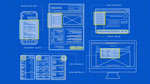 rapid prototyping Illustration in a blueprint style of different prototypes on digital devices